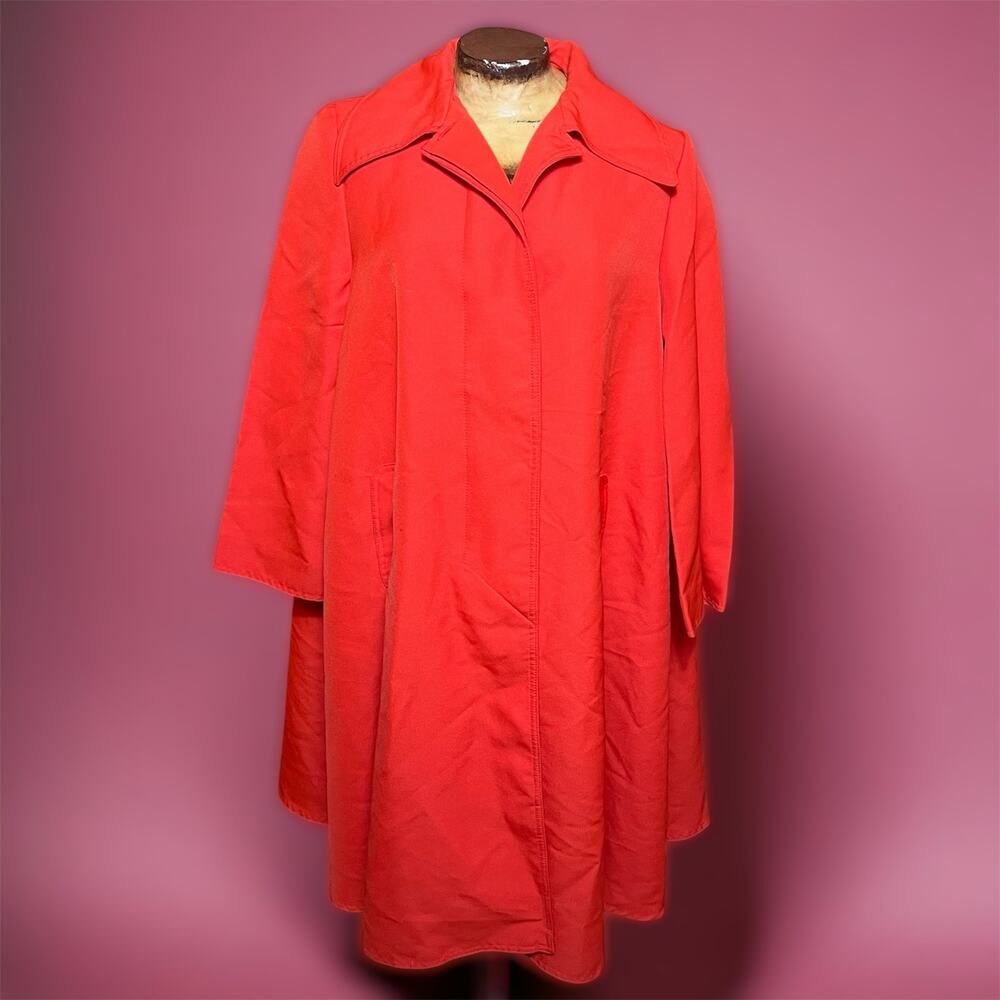 VINTAGE 70s Red Dagger Collar Trench Coat Womens 2XL Long Pin-Up Youthcraft